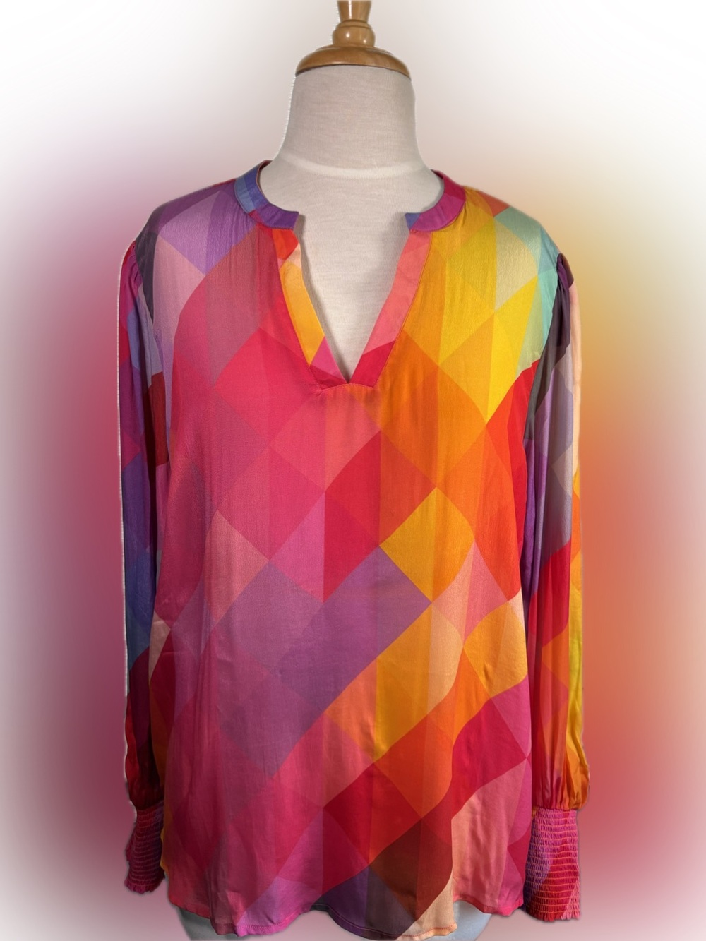 APNY NEW Multi-Color Geometric V-Neck Puff Smocked Sleeve  Blouse - Bold Rainbow